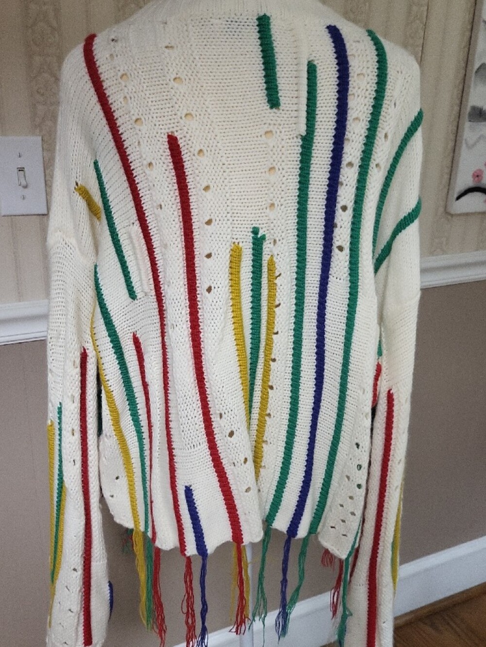 DAVI & DANI Cream Fringe Crewneck Sweater with Multicolor Stripes, Large - Picture 7 of 12